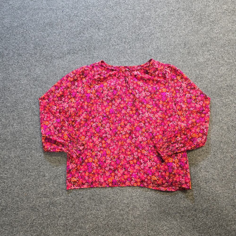 J Crew Top Womens Medium Petite Pink Orange Floral V Neck Peasant Boho Casual